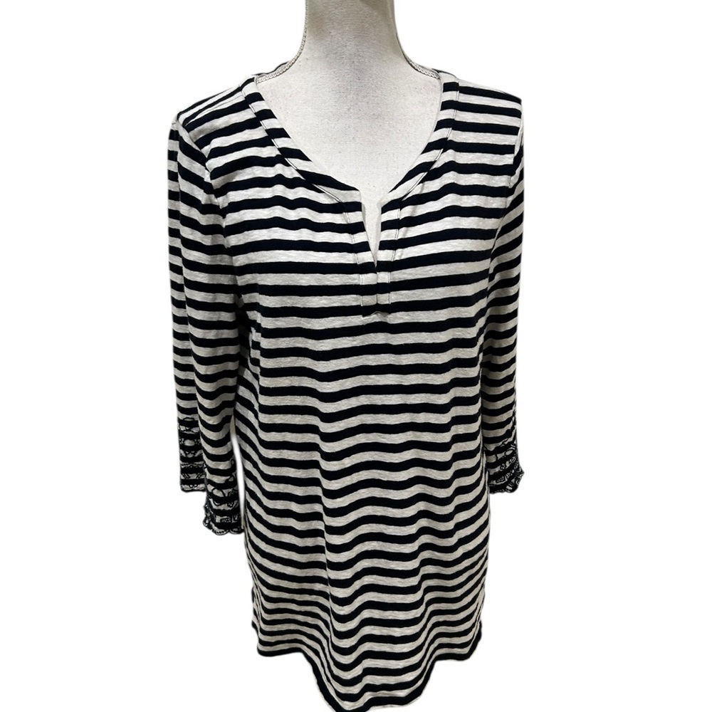 Talbots Black and White Striped Tunic embroidered Cuff Detail cotton size large